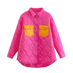 Loose Contrast Color Quilted Shirt Cotton Coat Jacket