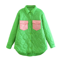 Loose Contrast Color Quilted Shirt Cotton Coat Jacket