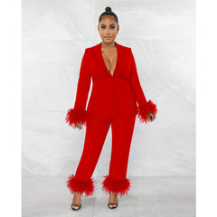 Wear Velvet Long Sleeved Trousers V neck Solid Color Two Piece Set