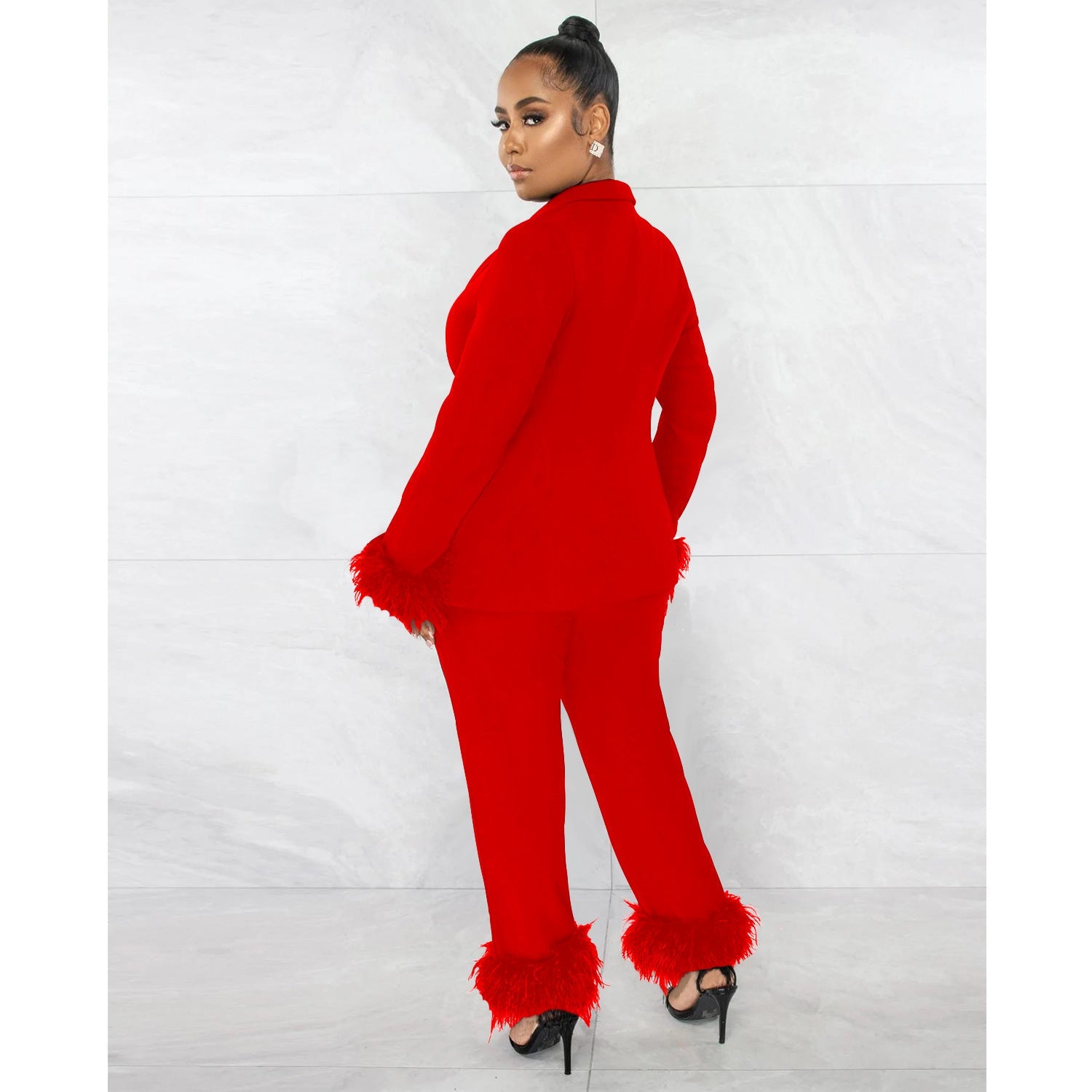 Wear Velvet Long Sleeved Trousers V neck Solid Color Two Piece Set