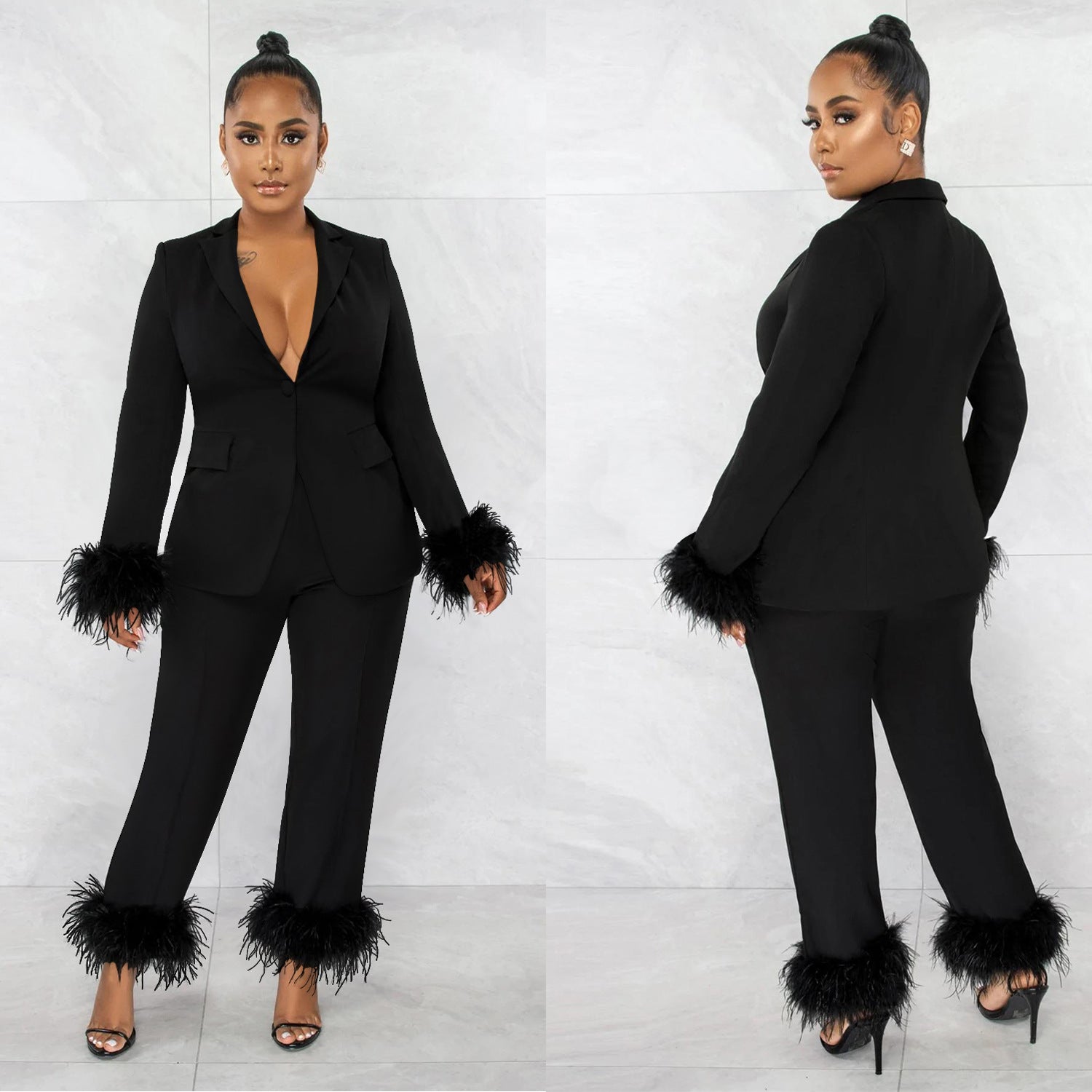 Wear Velvet Long Sleeved Trousers V neck Solid Color Two Piece Set