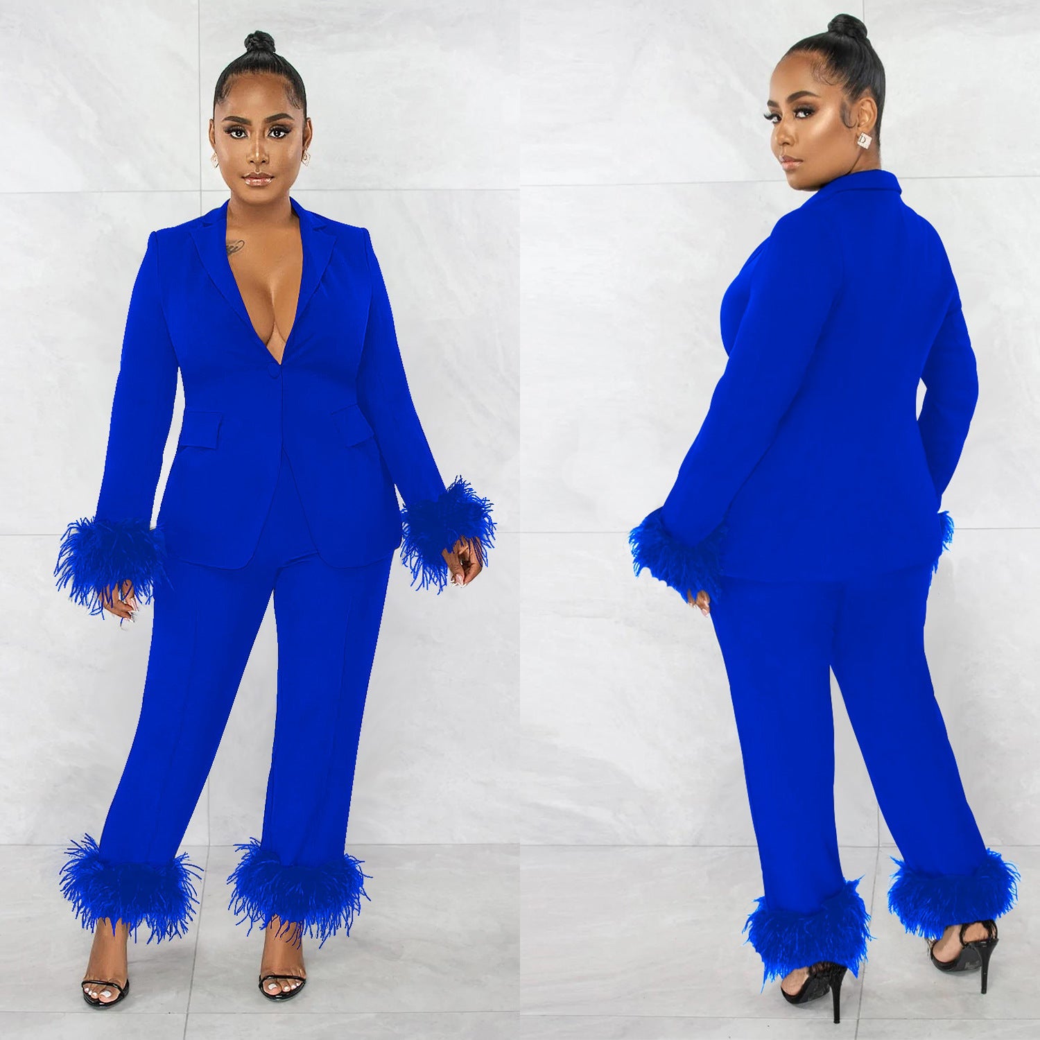 Wear Velvet Long Sleeved Trousers V neck Solid Color Two Piece Set