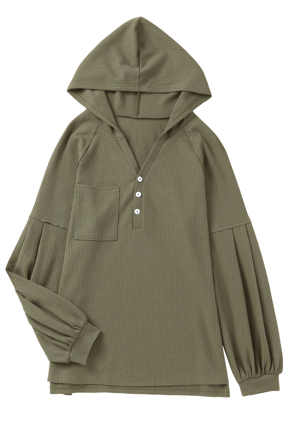 Kapuzenpullover aus Waffelstrick mit Puffärmeln, Seitenschlitzen und Knöpfen