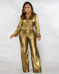 V neck Slim Fit Nightclub Long Sleeve Wide Leg Jumpsuit