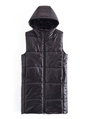 Black Faux Leather Cotton Padded Long Warm Hooded Vest