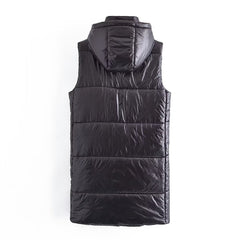 Black Faux Leather Cotton Padded Long Warm Hooded Vest