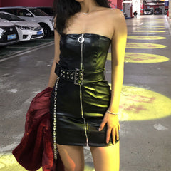 Slim Fit Belt off Neck Faux Leather Zipper Tube Dress