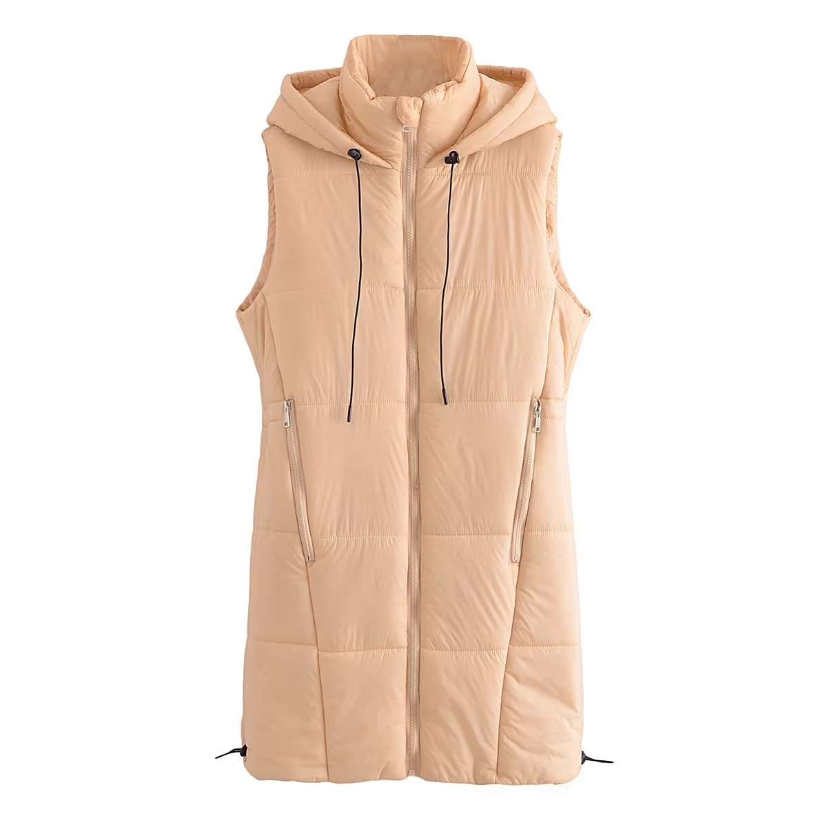 Hooded Long Vest Casual Simple Drawstring Slim Fit Cotton Padded Jacket Cotton Warm Jacket