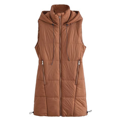 Hooded Long Vest Casual Simple Drawstring Slim Fit Cotton Padded Jacket Cotton Warm Jacket