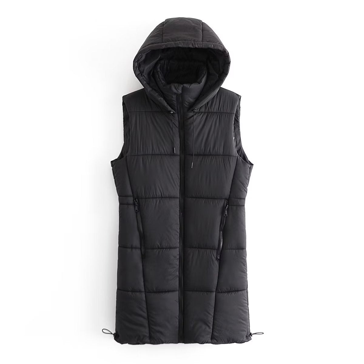 Hooded Long Vest Casual Simple Drawstring Slim Fit Cotton Padded Jacket Cotton Warm Jacket