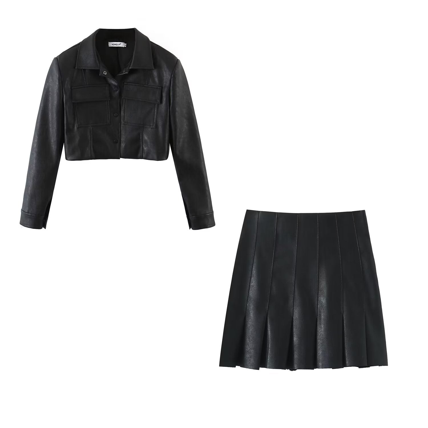 Short Faux Leather Shirt High Waist Pleated Skirt Set