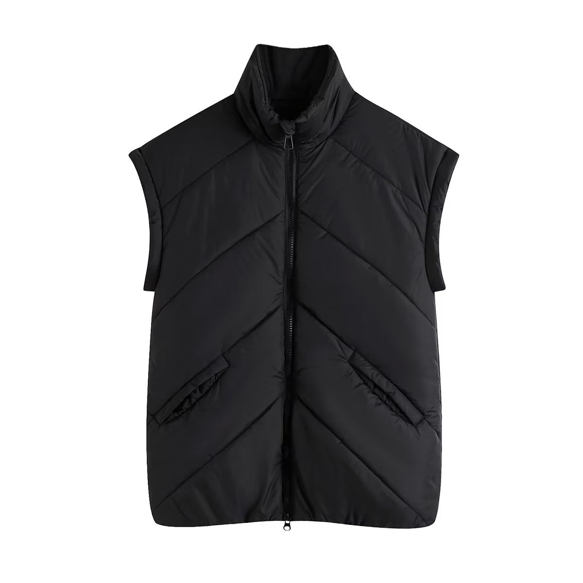 Fall Wind Black Loose Collared Sleeveless Cotton Padded Jacket Vest