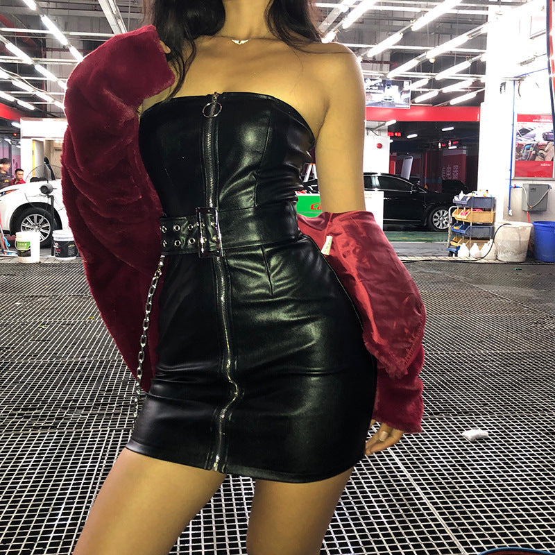 Slim Fit Belt off Neck Faux Leather Zipper Tube Dress