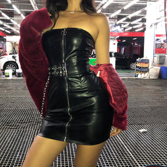 Slim Fit Belt off Neck Faux Leather Zipper Tube Dress
