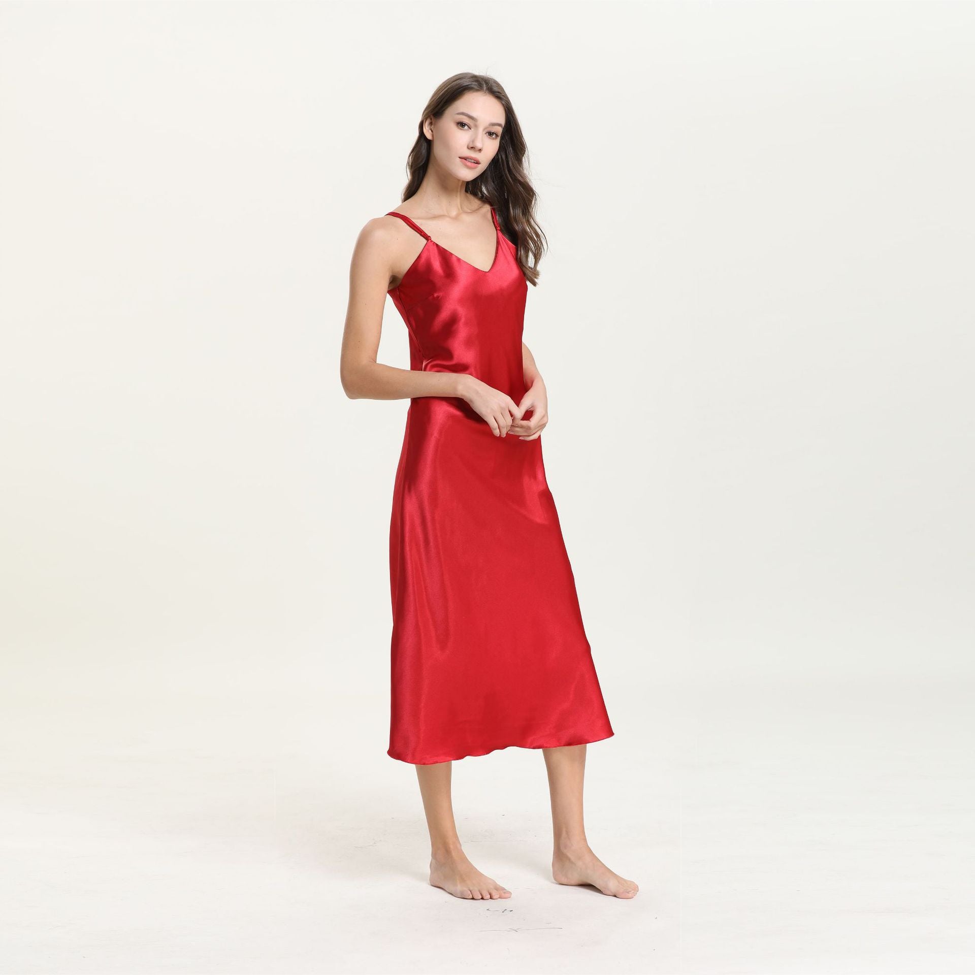 Artificial Silk Nightdress Cami Dress V-neck Long Pajamas Home satin pajamas satin sleepwear