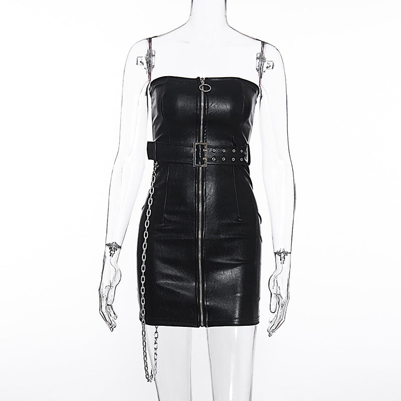 Slim Fit Belt off Neck Faux Leather Zipper Tube Dress