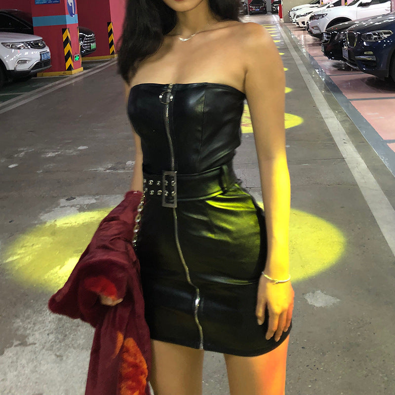 Slim Fit Belt off Neck Faux Leather Zipper Tube Dress