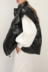 Black with High Collar Sleeveless Bread Coat Faux Leather Vest Cotton Vest