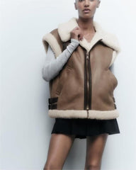 Brown Fur Collared Vest Coat Thickened Vest