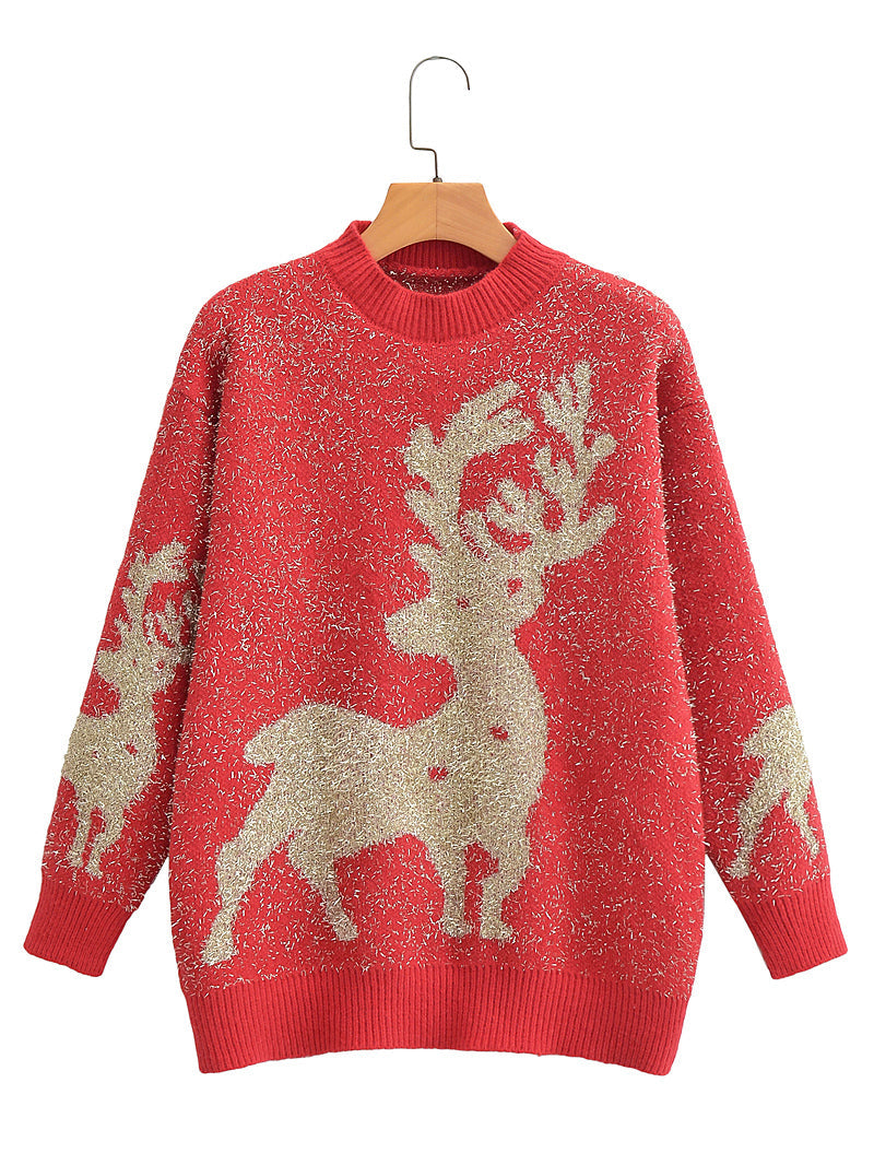 Real Shot Christmas Snowflake Sweater Loose Mink Fur Thickened College Mid Length Bright Silk Deer Sweater