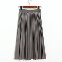 Koreanable Faux Leather Pleated Leather Skirt High Waist Mid Length Pleated Umbrella Skirt