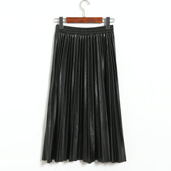 Koreanable Faux Leather Pleated Leather Skirt High Waist Mid Length Pleated Umbrella Skirt