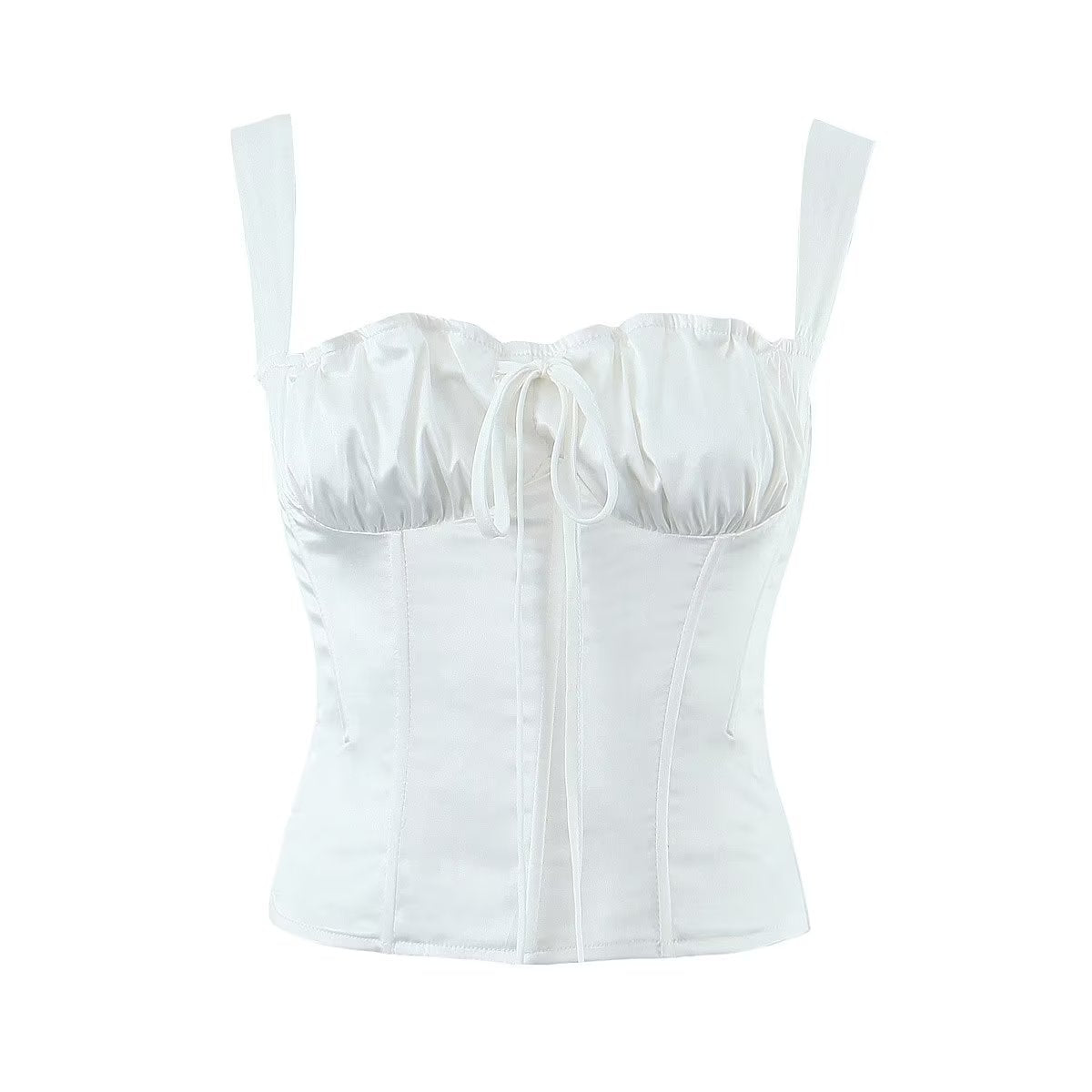 Knitted Lace up Bow Suspenders Vest  White Liner Boning Corset Waist Top