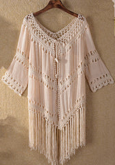 HCrocheting Stitching Tassel Lace up Solid Color Hollow Out OverSunscreen Beach Cover Up