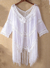 HCrocheting Stitching Tassel Lace up Solid Color Hollow Out OverSunscreen Beach Cover Up