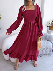 Robe longue décontractée à col carré, évasée et à volants