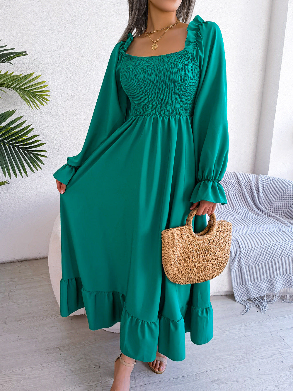 Robe longue décontractée à col carré, évasée et à volants