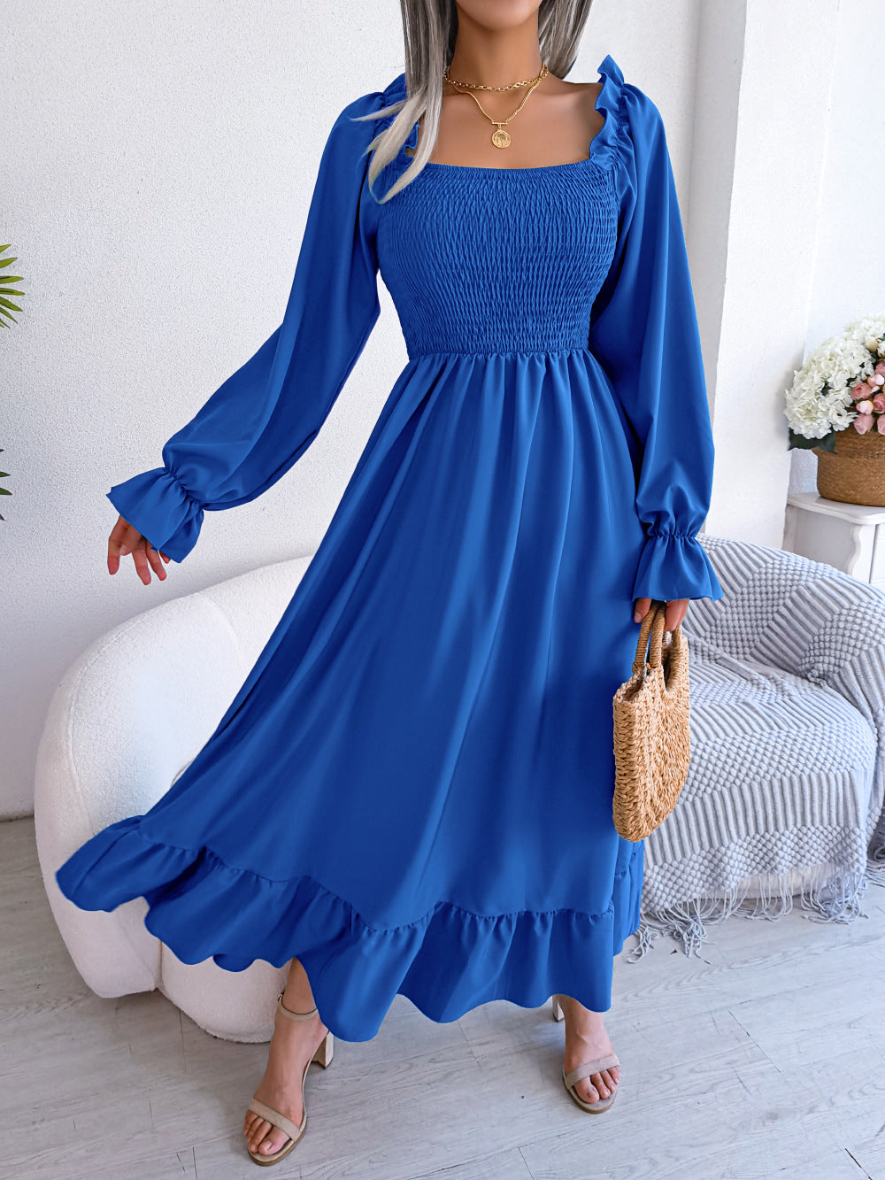 Robe longue décontractée à col carré, évasée et à volants