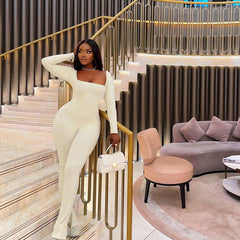 Square Collar Solid Color Tight Mid Length Tight Wide Leg Jumpsuit