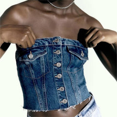 Washed Denim Corset Tube Top Sweet Sleeveless Top