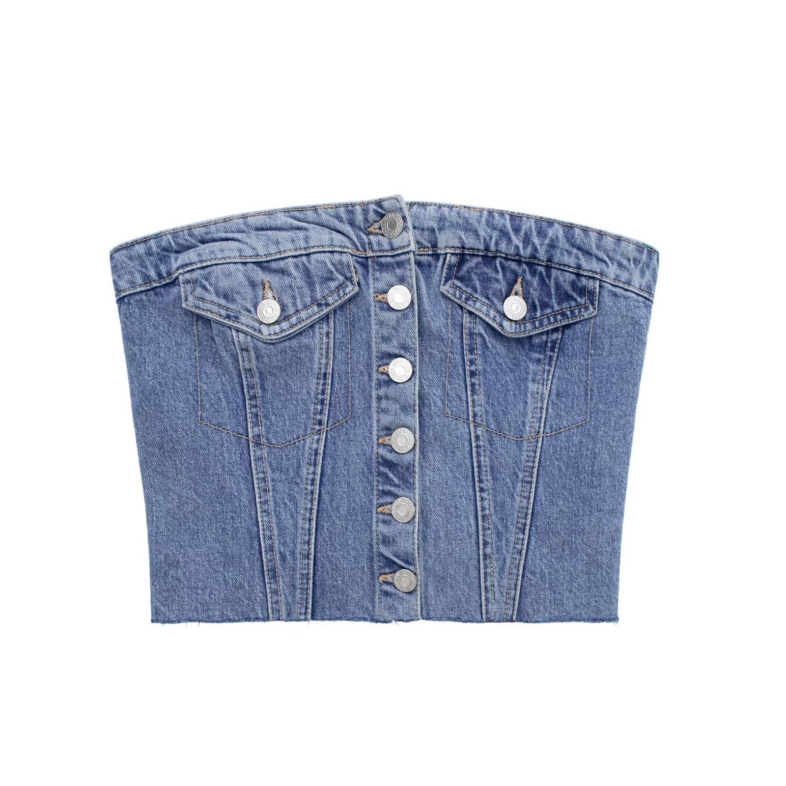 Washed Denim Corset Tube Top Sweet Sleeveless Top