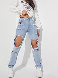 Pantalon en jean droit taille haute à larges déchirures