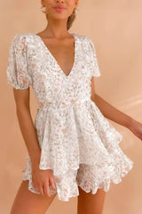 V neck Slingback Printed Ruffled Short Sleeves Jumpsuit Shorts