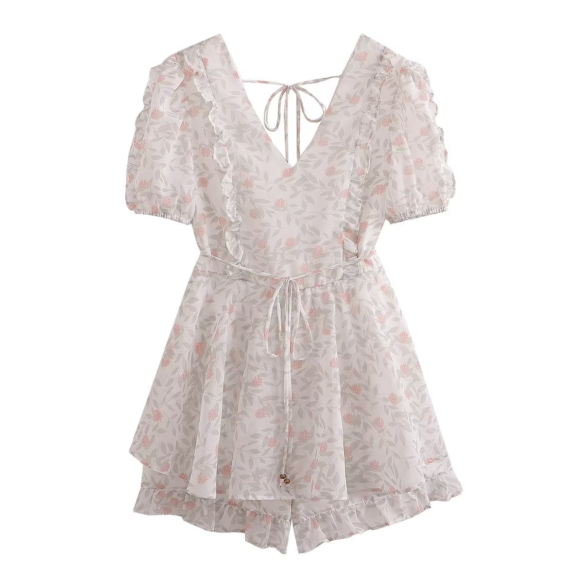 V neck Slingback Printed Ruffled Short Sleeves Jumpsuit Shorts