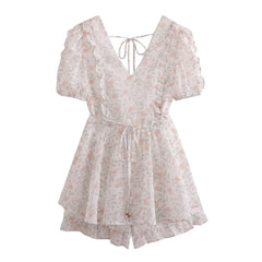 V neck Slingback Printed Ruffled Short Sleeves Jumpsuit Shorts