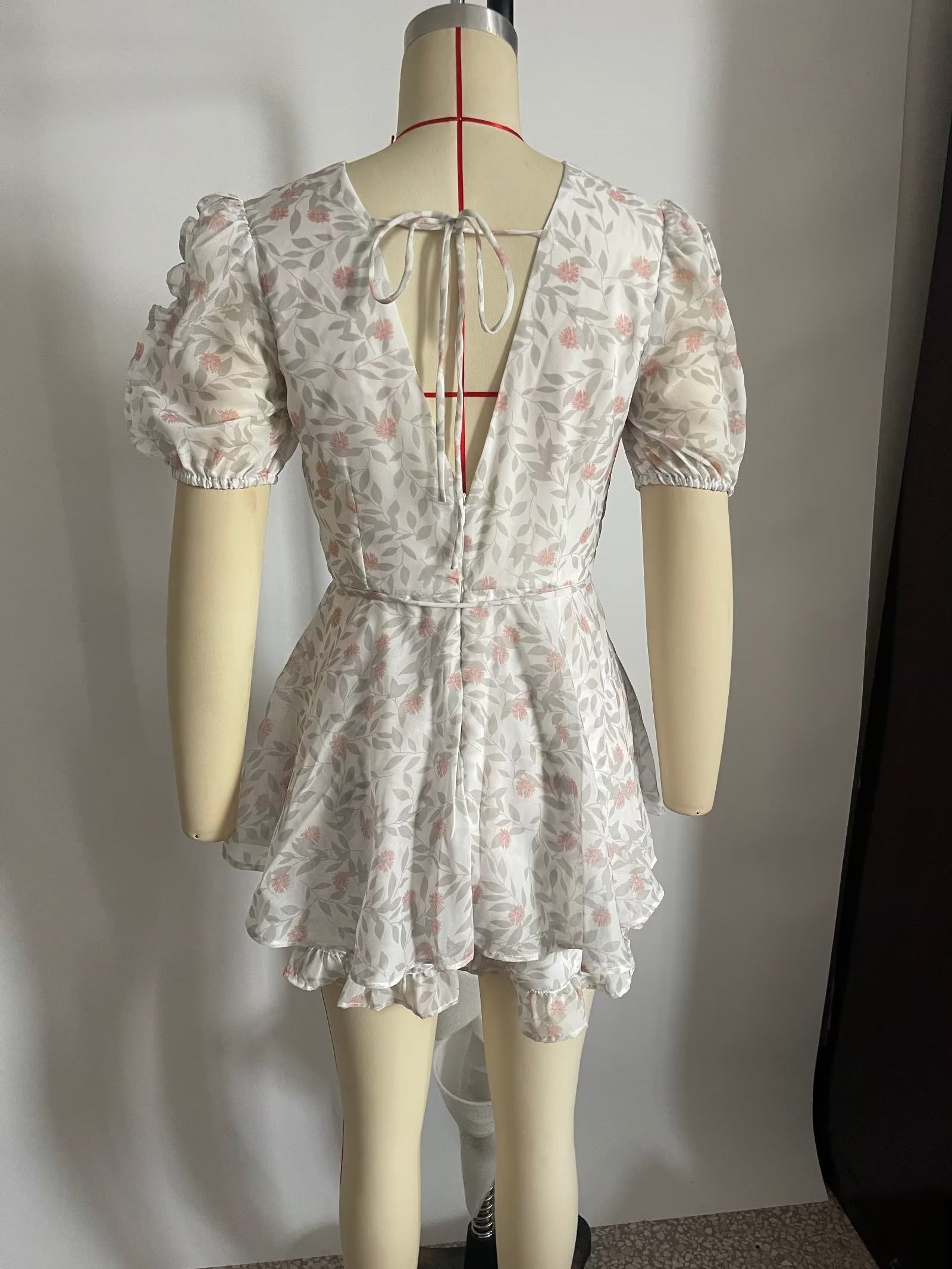 V neck Slingback Printed Ruffled Short Sleeves Jumpsuit Shorts