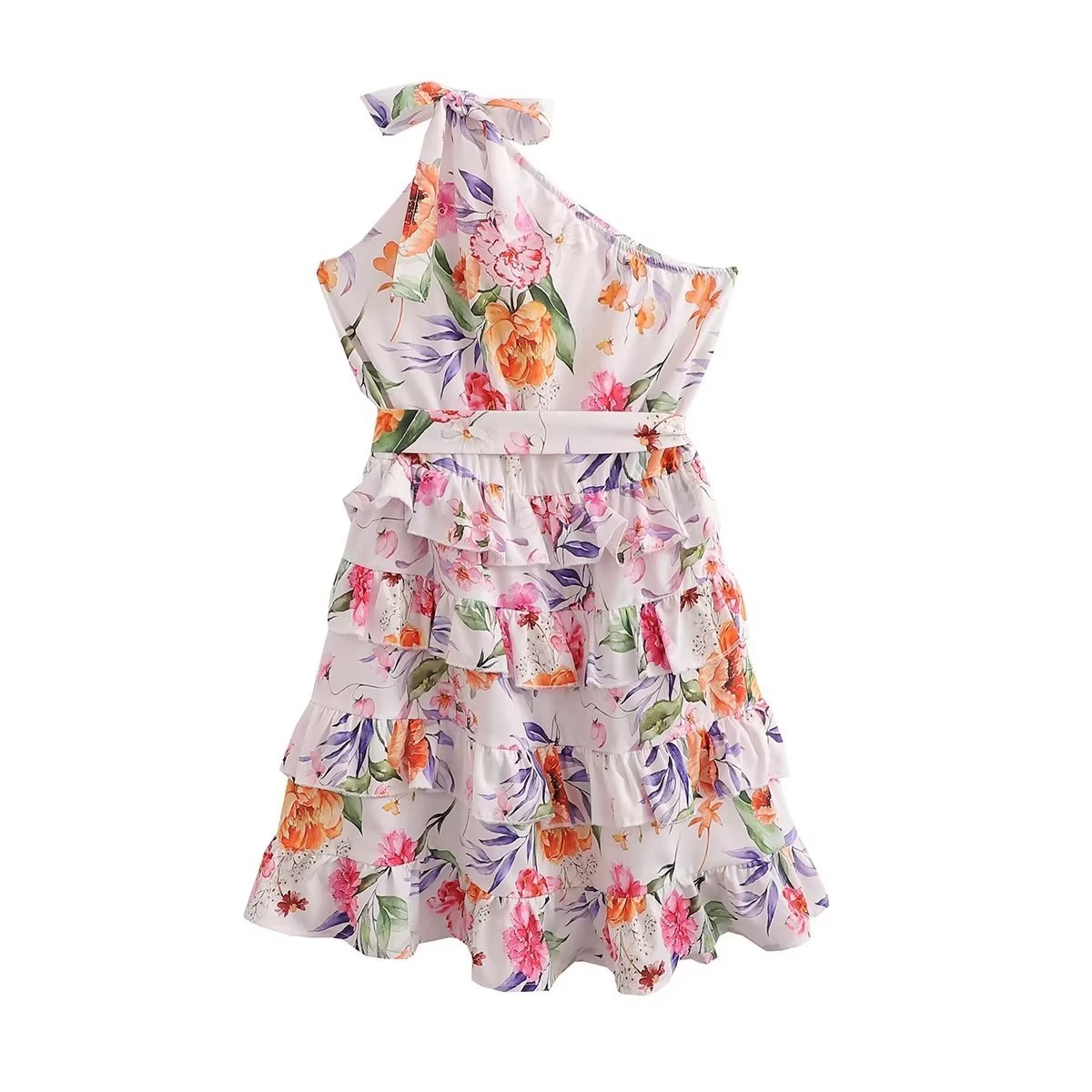 Floral Print round Neck Backless Tiered Dress