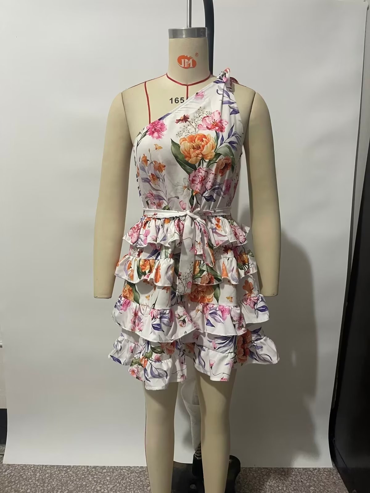 Floral Print round Neck Backless Tiered Dress