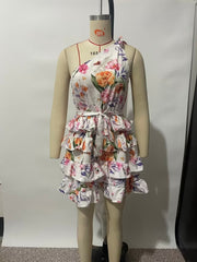 Floral Print round Neck Backless Tiered Dress