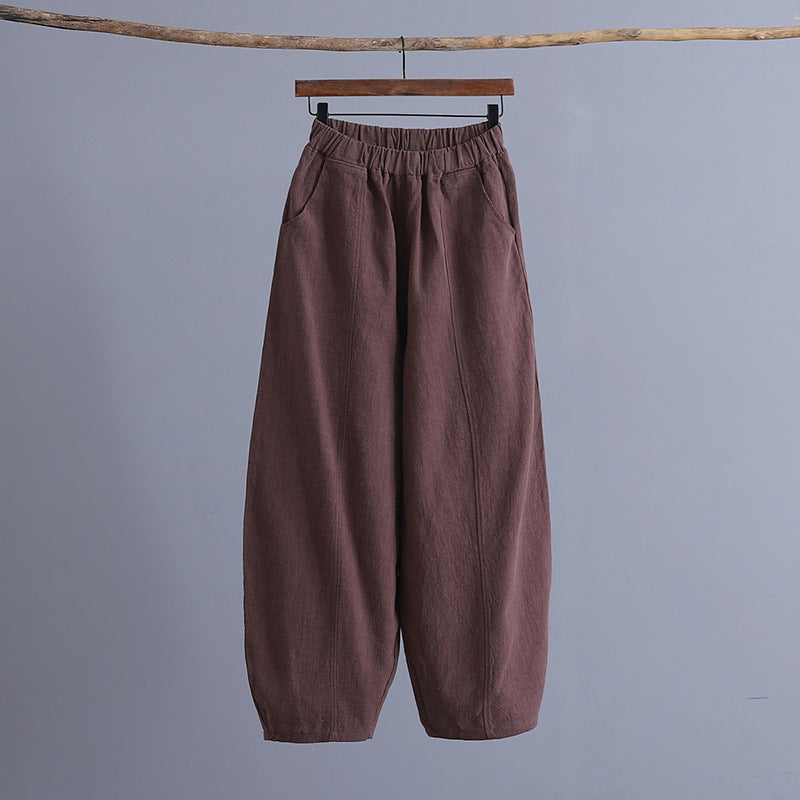 Pantalon de yoga ample en coton et lin, style rétro, grande taille, couleur unie, coutures en ramie