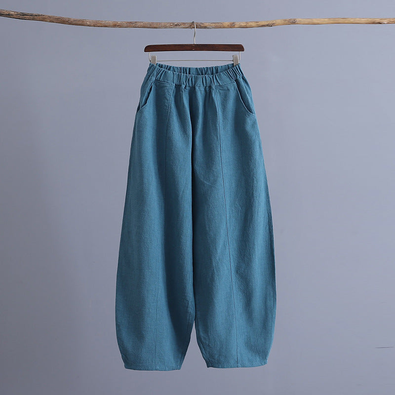 Pantalon de yoga ample en coton et lin, style rétro, grande taille, couleur unie, coutures en ramie