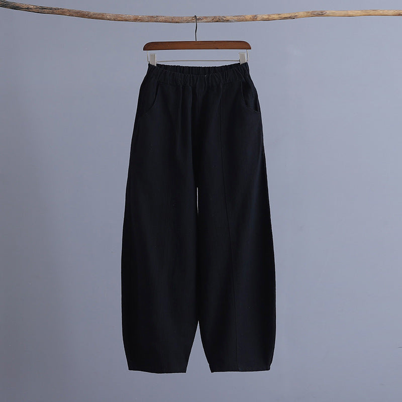 Pantalon de yoga ample en coton et lin, style rétro, grande taille, couleur unie, coutures en ramie