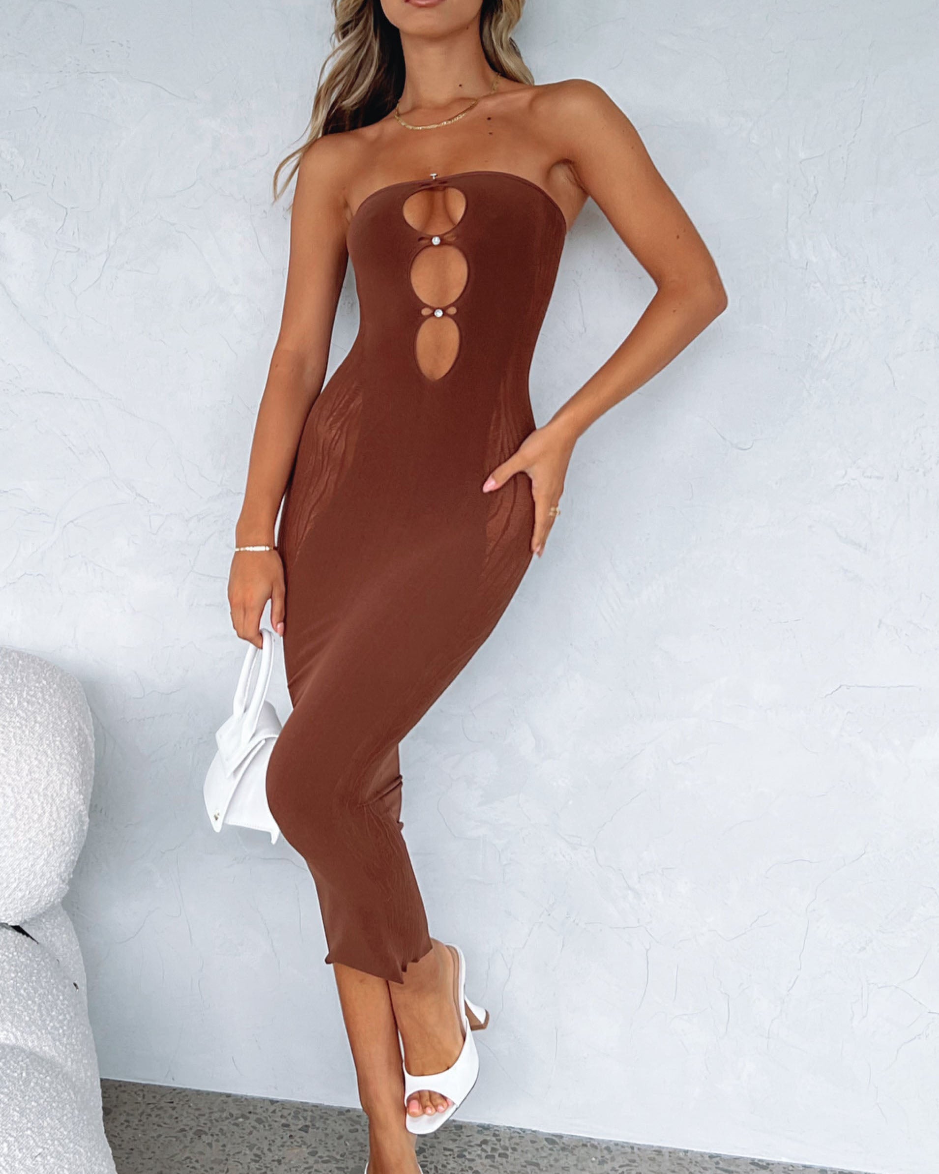 Netzkleid, Langarm, ausgehöhltes Tube-Top, Patchwork, Perlenbesetztes Etuikleid