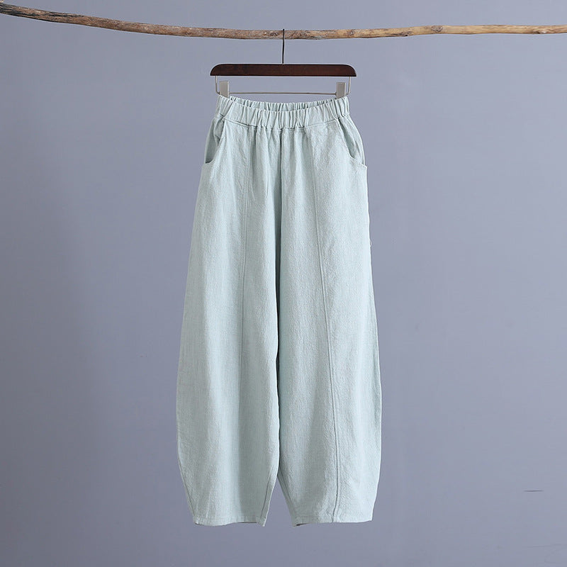 Pantalon de yoga ample en coton et lin, style rétro, grande taille, couleur unie, coutures en ramie