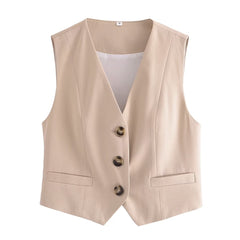 V neck Sleeveless Short Buckle Vest Small Coat