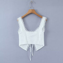 Solid Color Lace Trim Strap Vest Street